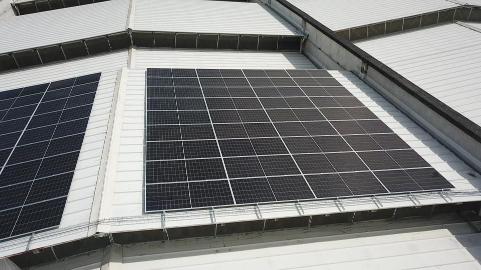 Paneles solares sobre cubierta de bodega industrial Gomeco